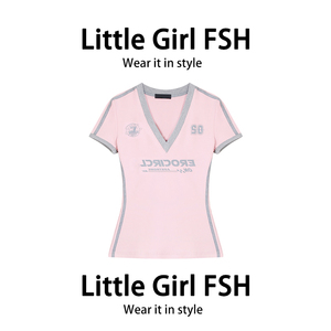 Little Girl FSH粉红色正肩短袖t恤女春季辣妹y2k印花修身v领上衣