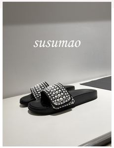 Su-Mao夏季新款防滑字母厚底珍珠拖鞋女外穿款软底一字带沙滩凉拖