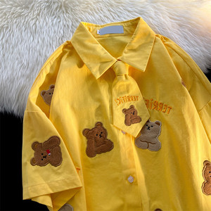 甜酷小熊领结短袖衬衫男女夏美式街头hiphop设计感情侣款半袖上衣