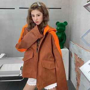 橙色外套女2021年新款秋冬装派克服工装棉衣收腰中长款加绒大外套