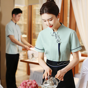 中式服务员工作服短袖女夏季酒店餐厅前厅工装餐饮店员工服装定制