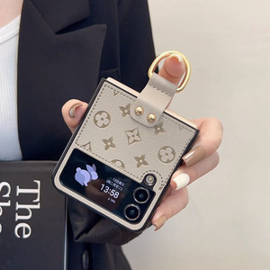 ins新款皮纹指环扣适用于三星zflip5手机壳f7310折叠屏flip4保护壳高级感Galaxy ZFlip3欧美高档皮质保护套