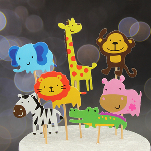 卡通儿童生日快乐蛋糕装饰插件动物园狮子大象长颈鹿猴子烘焙插牌
