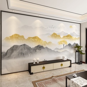 现代中式墙纸轻奢电视沙发背景墙画客厅壁布背靠金山壁画山水墙布