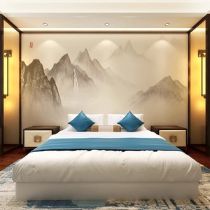 新中式意境床头背景墙壁纸沙发卧室山水简约壁画浮雕酒店饭店墙纸