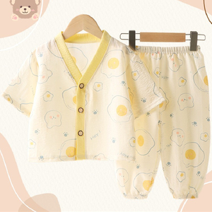 婴儿衣服夏季薄款七分袖棉麻空调服6七8九10个月男女宝宝纯棉睡衣