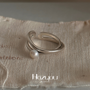Hazyou S925纯银日系复古简约小众设计天然珍珠双层戒指环女开口