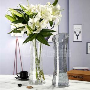 特大号花瓶玻璃透明高40厘米裂纹富贵竹水竹鲜花百合碎冰冰裂束腰