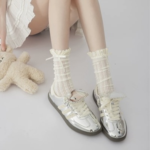 蝴蝶结蕾丝袜子女夏季中筒芭蕾风木耳边白色花边短袜堆堆纯欲风袜
