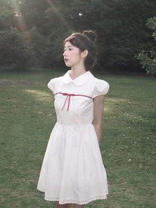 南西红丝带蕾丝花边娃娃领连衣裙短袖2024夏季新款白色初恋衬衫裙