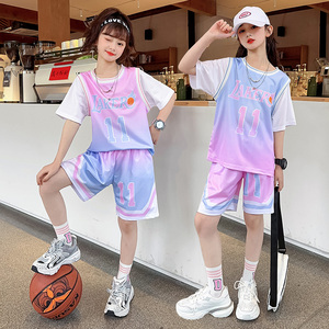 儿童夏季女童篮球服套装11号短袖球衣中大童速干运动服假两件童装