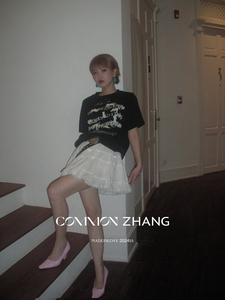 【CZ ZHANG】法式少女感图案印花蝴蝶结拼接百搭简约短袖T恤10200