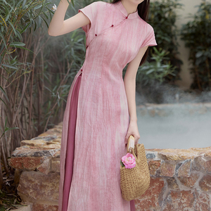 新中式国风绝美粉色旗袍女小个子气质连衣裙禅意茶服长裙两件套装