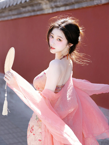 新中式女装国风改良汉服旗袍绝美粉色开衫挂脖连衣裙两件套女秋季