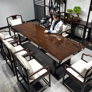 黑檀实木大板茶桌新中式老板办公桌巴花茶台原木书桌会议桌大班台