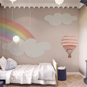 北欧风彩虹热气球墙纸卡通儿童卧室壁纸女孩温馨无缝墙布壁布定制