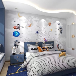 太空宇航员壁纸星空星球墙纸男孩儿童房卧室床头壁布卡通背景墙布