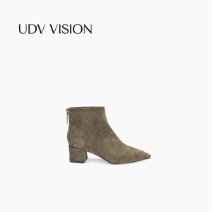 UDV VISION*冬季新品反绒羊皮尖头短靴真皮粗中跟简约时装女靴