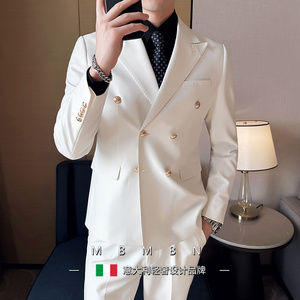 白色西服套装男双排扣西装正装结婚英伦韩版修身男士纯色两件套