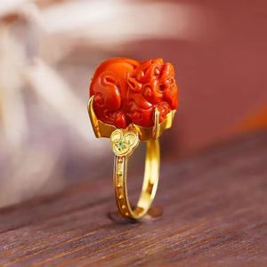 南红玛瑙貔貅戒指女复古中式民族风平安招财寓意手工雕刻开口指环