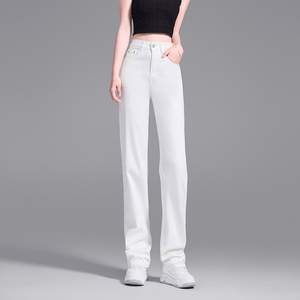 福老板|三防|女士白色优雅气质牛仔裤2024春季新款高端窄版阔腿裤