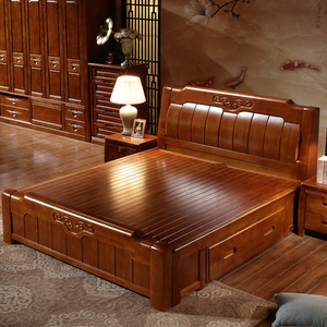 现代简约实木床1.8m双人床2米2.2米大床中式收纳床主卧室婚床家俱