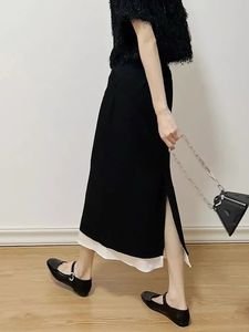 高腰开叉半身裙女设计小众黑白撞色韩版中长款a字裙显瘦裙子夏季