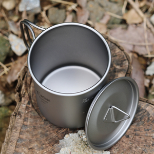 Tiartisan户外纯钛水杯斜柄露营旅行带盖咖啡杯便携健康钛金属杯