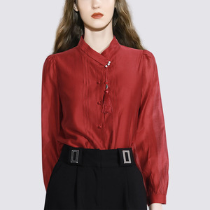 2024新款国风新中式别致设计感红色衬衫春季女装立领衬衣雪纺上衣