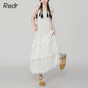 REDR白色吊带连衣裙女夏季2024新款蕾丝拼接超仙海边度假中长裙子