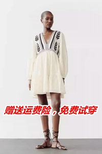ZARA24夏季新品女装复古宽松名族风拼接刺绣短连衣裙 1821022 712