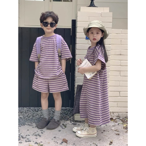 儿童姐弟装短袖T恤五分裤套装夏季韩版兄妹男女童紫色条纹连衣裙