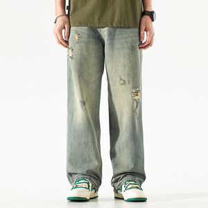 GTRG新款美式复古潮流重工水洗做旧破洞街头宽松直筒黄泥色牛仔裤