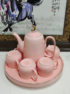 景德镇欧式轻奢陶瓷带转盘一茶壶六水杯粉色手绘青花山水套组客厅