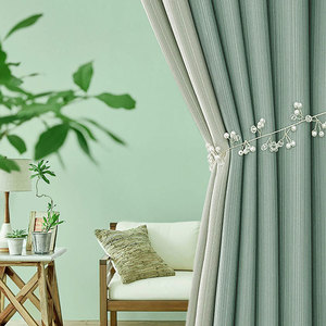 简约纯色定制抹茶绿竖条纹窗帘卧室飘窗轻奢时尚高级全遮光奶茶色