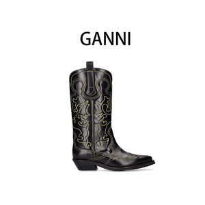 正品代购GANNI复古皮革刺绣尖头中筒高筒西部靴牛仔靴骑士靴长靴