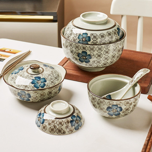 日式和风陶瓷盖碗水蒸蛋小碗营养炖盅复古家用釉下彩带盖子碗