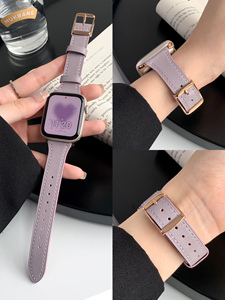 幂顿适用s9苹果手表表带s8代新款紫色真皮皮质applewatch9手表带iwatch7小蛮腰s7女款44/45mm鱼子酱小羊皮