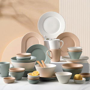 釉下彩餐具欧式竖纹碗碟套装家用新款简约碗筷盘子高级感餐具套装