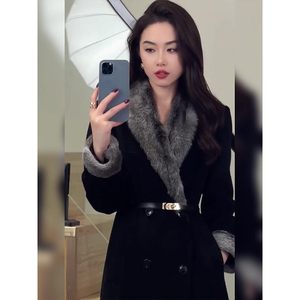 高级感韩剧女主穿搭赫本风毛领呢子大衣黑色小香风毛呢外套秋冬季