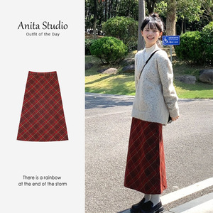 Anita Studio 新年红色格子毛呢a字半身裙女2023秋冬新款中长款