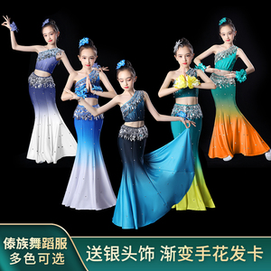 傣族舞蹈儿童演出服女童孔雀舞包臀修身艺考民族表演服鱼尾裙服装