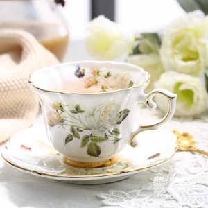 爱马仕田园高档白玫瑰公主杯骨瓷花茶杯欧式咖啡杯英式下午茶杯杯