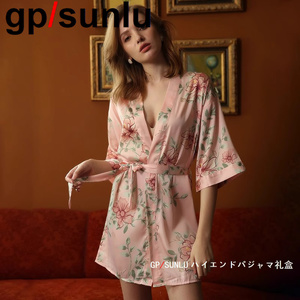 日本GP冰丝睡袍女士夏季性感碎花日系和服睡衣薄款开衫浴袍家居服