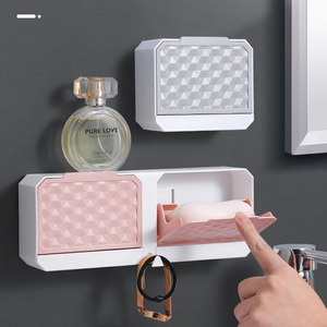 创意免打孔壁挂肥皂盒家用沥水浴室洗脸台带盖粘钩双格香皂盒子