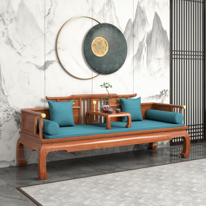 新中式乌金木罗汉床小户型实木推拉床茶桌椅组合两用沙发抽拉家具