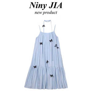 Niny JIA蓝色吊带连衣裙女夏季法式气质氛围感宽松蝴蝶中长款裙子