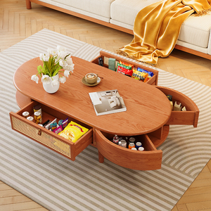 日式原木风茶几椭圆形客厅小户型樱桃木色家用北欧岩板实木茶桌子