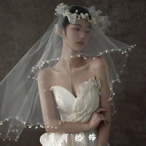新款新娘结婚礼服婚纱头饰白色短款浪漫头纱法式求婚领证拍照头饰