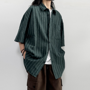 NZ美式复古棉麻短袖衬衫条纹女男古着风咔叽vintage日系工装外套